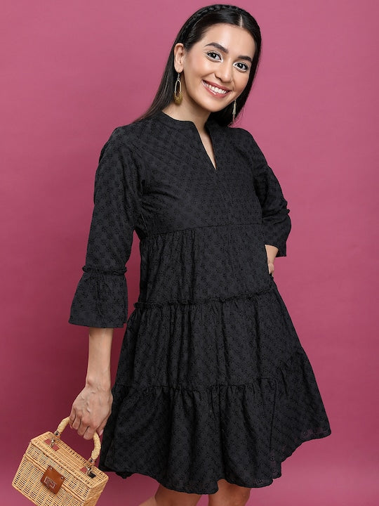 Vishudh Floral Embroidered Mandarin Collar Bell Sleeve A-Line Above Knee Dress