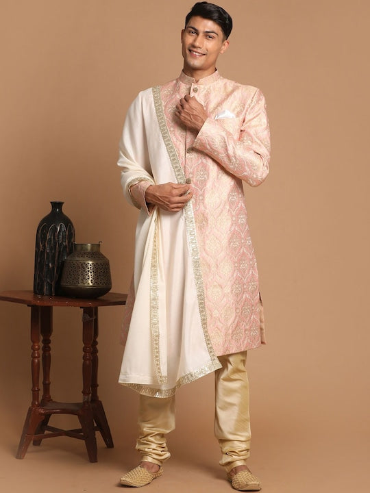 Vastramay Men Pink & Golden Woven Design Sherwani With Embellished Dupatta