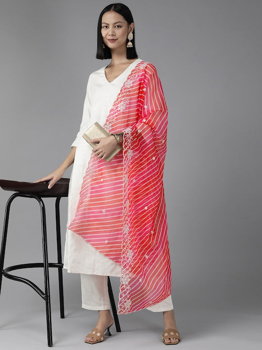 Yufta Women White Sequinned Kurta with Trousers & With Dupatta