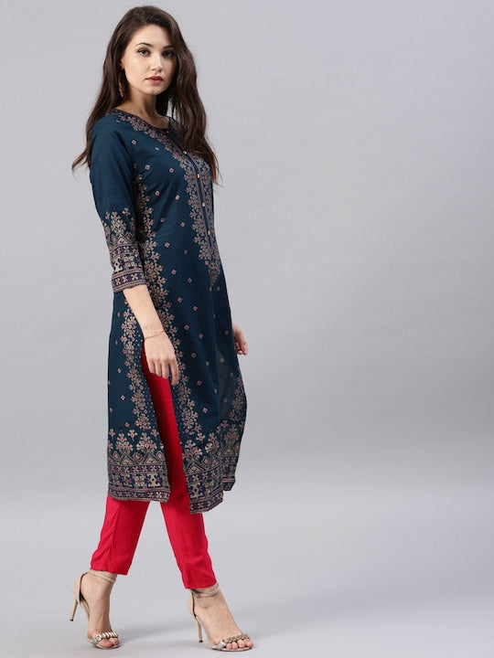 Vishudh Women Navy Blue Printed A-Line Kurta
