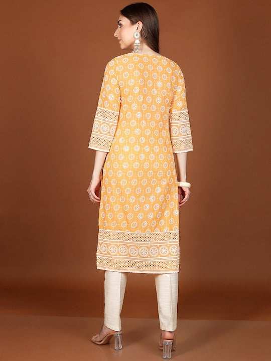 Vishudh Yellow Ethnic Motifs Embroidered Thread Work Straight Kurta