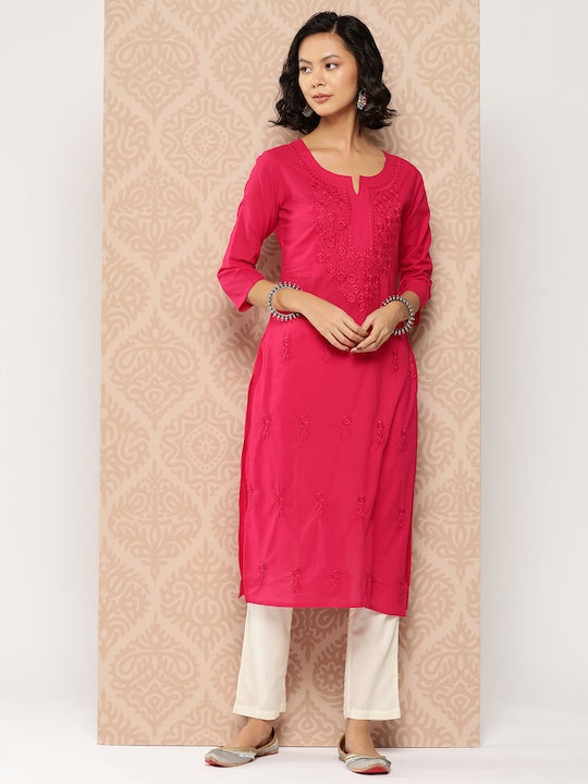 Yufta Floral Embroidered Chikankari Cotton Kurta Pink