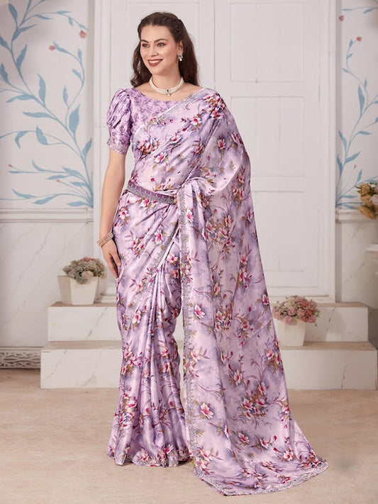 Saree mall Floral Printed Beads & Stones Satin Silk Saree