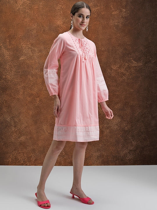 Vishudh Tie-Up Neck Long Sleeves Cotton Embroidered Midi A-Line Dress