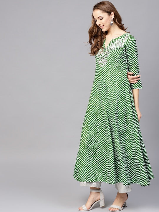 Yufta Women Green & White Lehariya Print A-Line Kurta