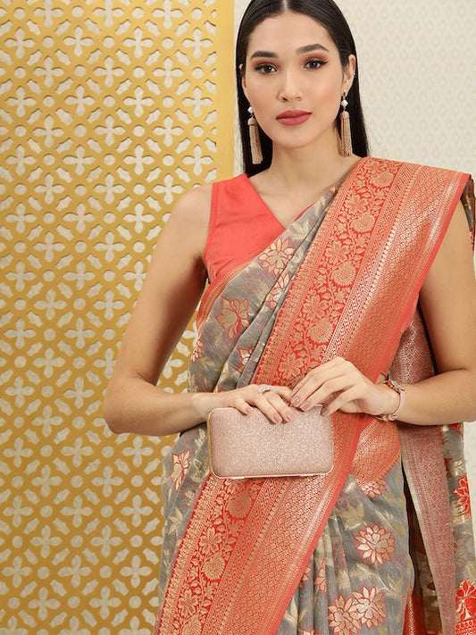 House of Pataudi Grey & Red Floral Zari Linen Blend Saree