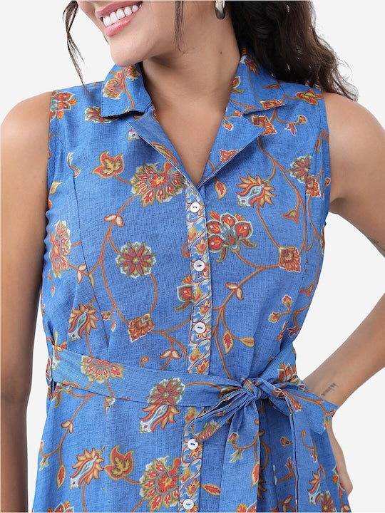 Vishudh Blue & Brown Colour Floral Printed & Belted Detailed Fit & Flare Midi Dress