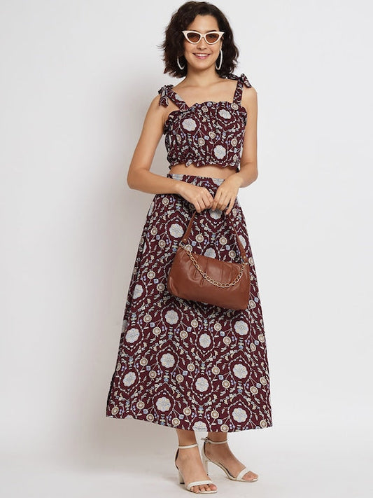 All about you Floral Printed Shoulder Straps Crop Top & Skirt