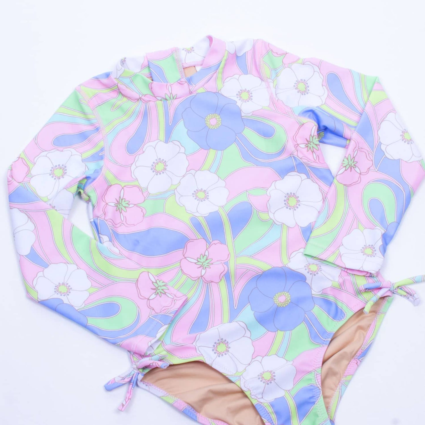 Groovy Daisy Swirl Girls One Piece Long Sleeve Swimsuit