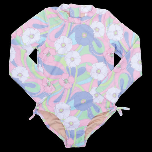 Groovy Daisy Swirl Girls One Piece Long Sleeve Swimsuit