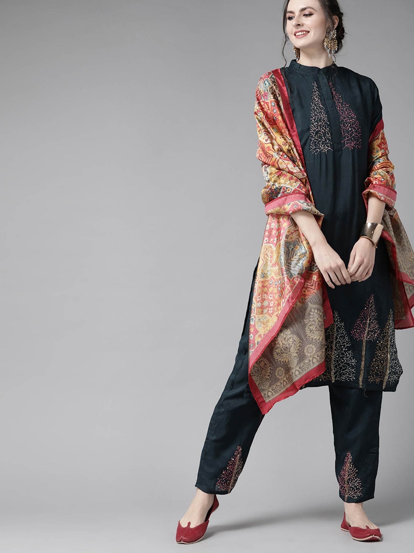 ISHIN Women's Navy Blue Embroidered A-Line Kurta, Trouser & Dupatta (Set of 3)