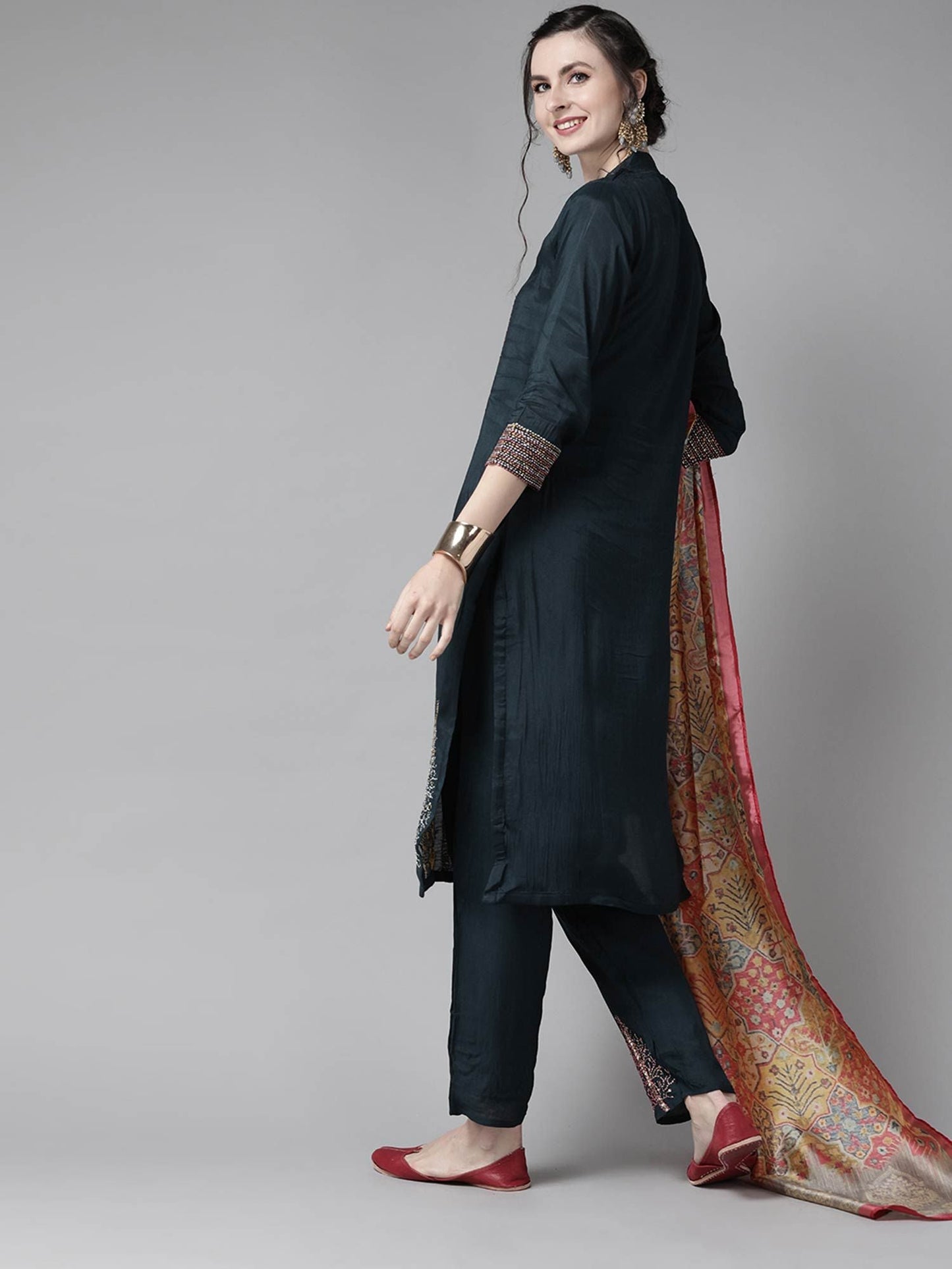 ISHIN Women's Navy Blue Embroidered A-Line Kurta, Trouser & Dupatta (Set of 3)