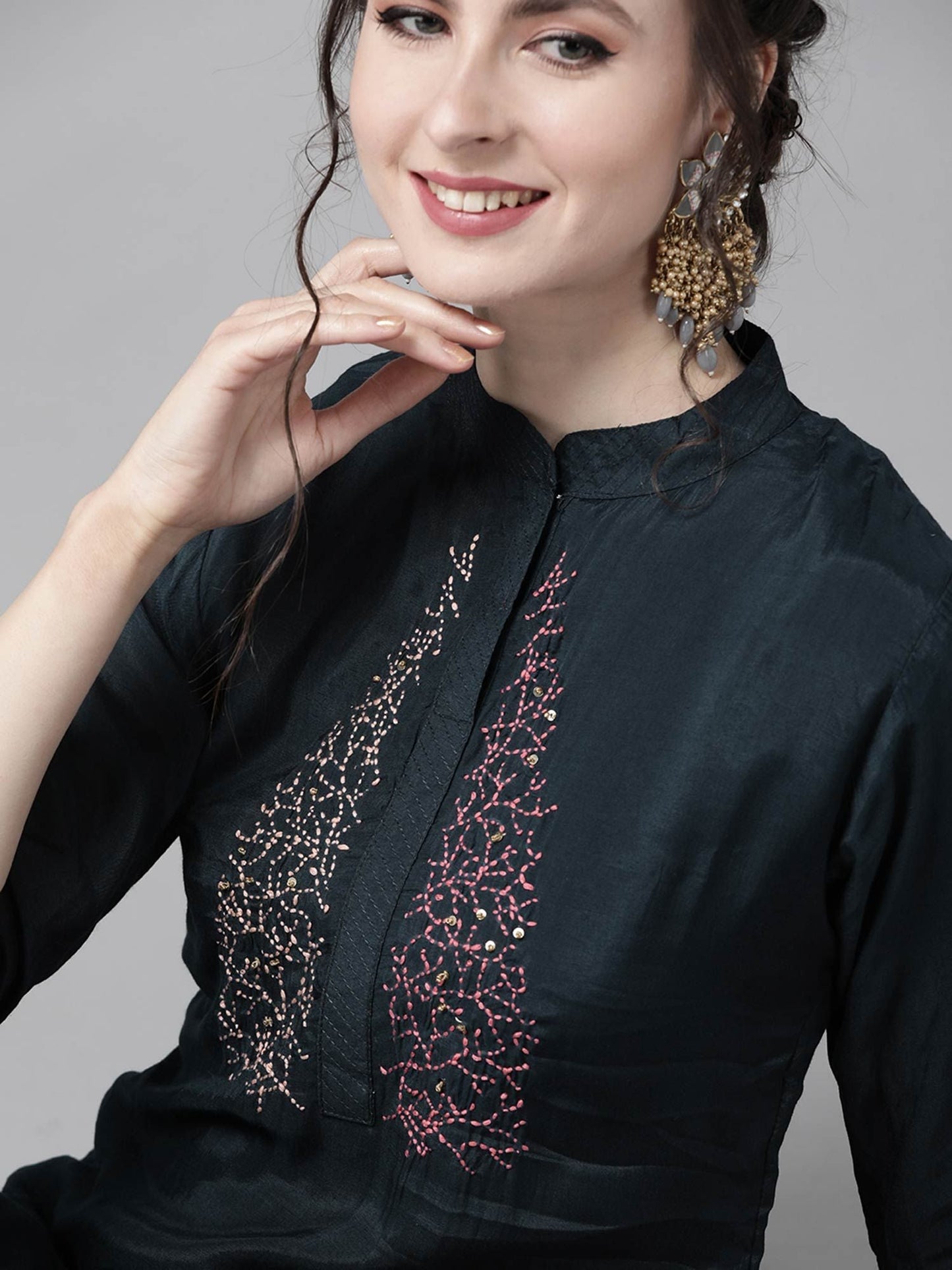 ISHIN Women's Navy Blue Embroidered A-Line Kurta, Trouser & Dupatta (Set of 3)