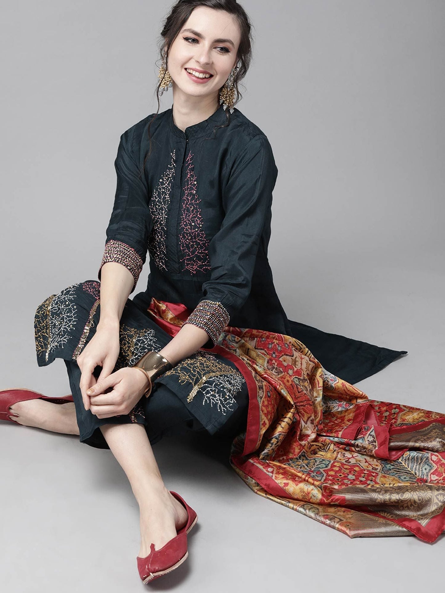 ISHIN Women's Navy Blue Embroidered A-Line Kurta, Trouser & Dupatta (Set of 3)