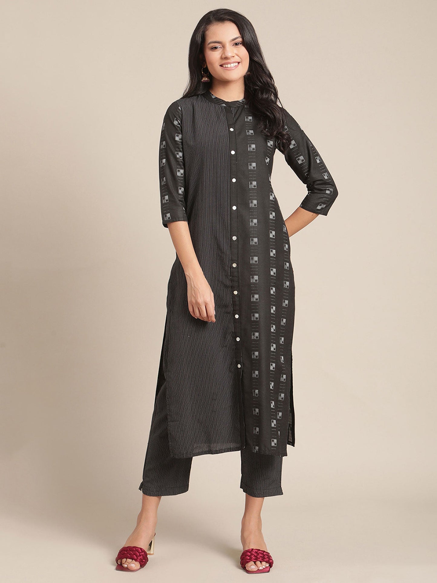 KSUT Black Mandarin Collared Kurta 3/4th Sleeves and Paired with Stripped Trouser (Set Of 2)
