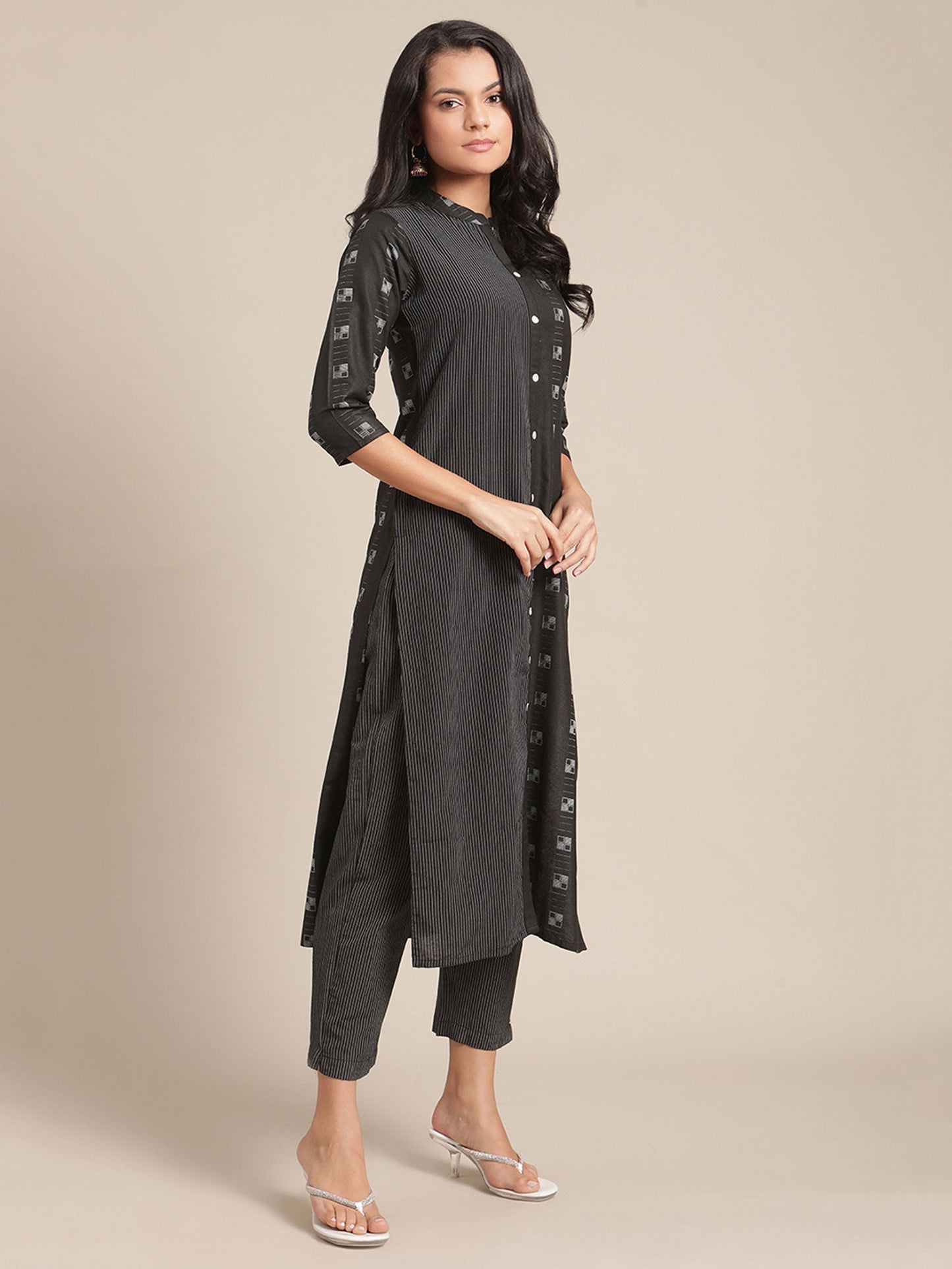 KSUT Black Mandarin Collared Kurta 3/4th Sleeves and Paired with Stripped Trouser (Set Of 2)