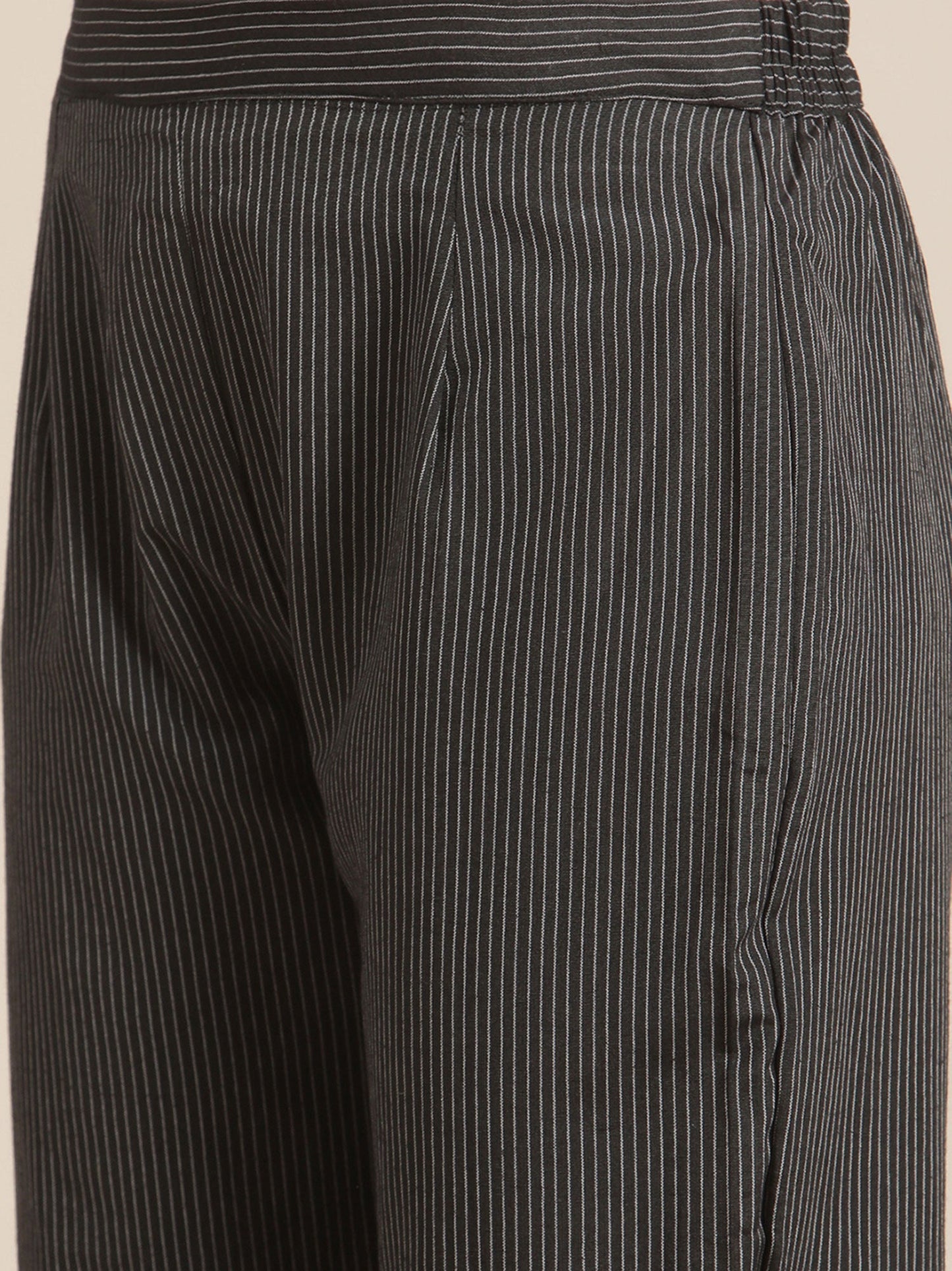 KSUT Black Mandarin Collared Kurta 3/4th Sleeves and Paired with Stripped Trouser (Set Of 2)