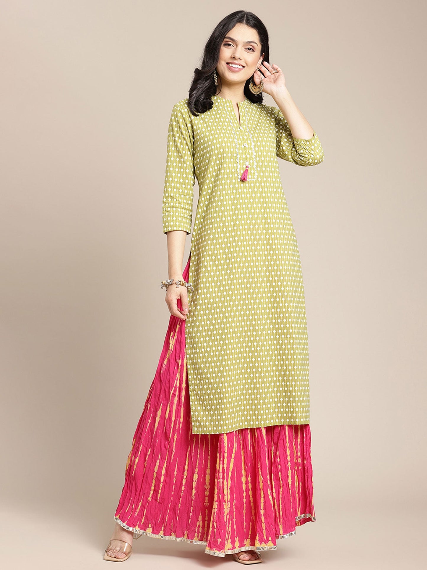 KSUT Lime and White Printed Kurta with Tassel Embellishment On Placket