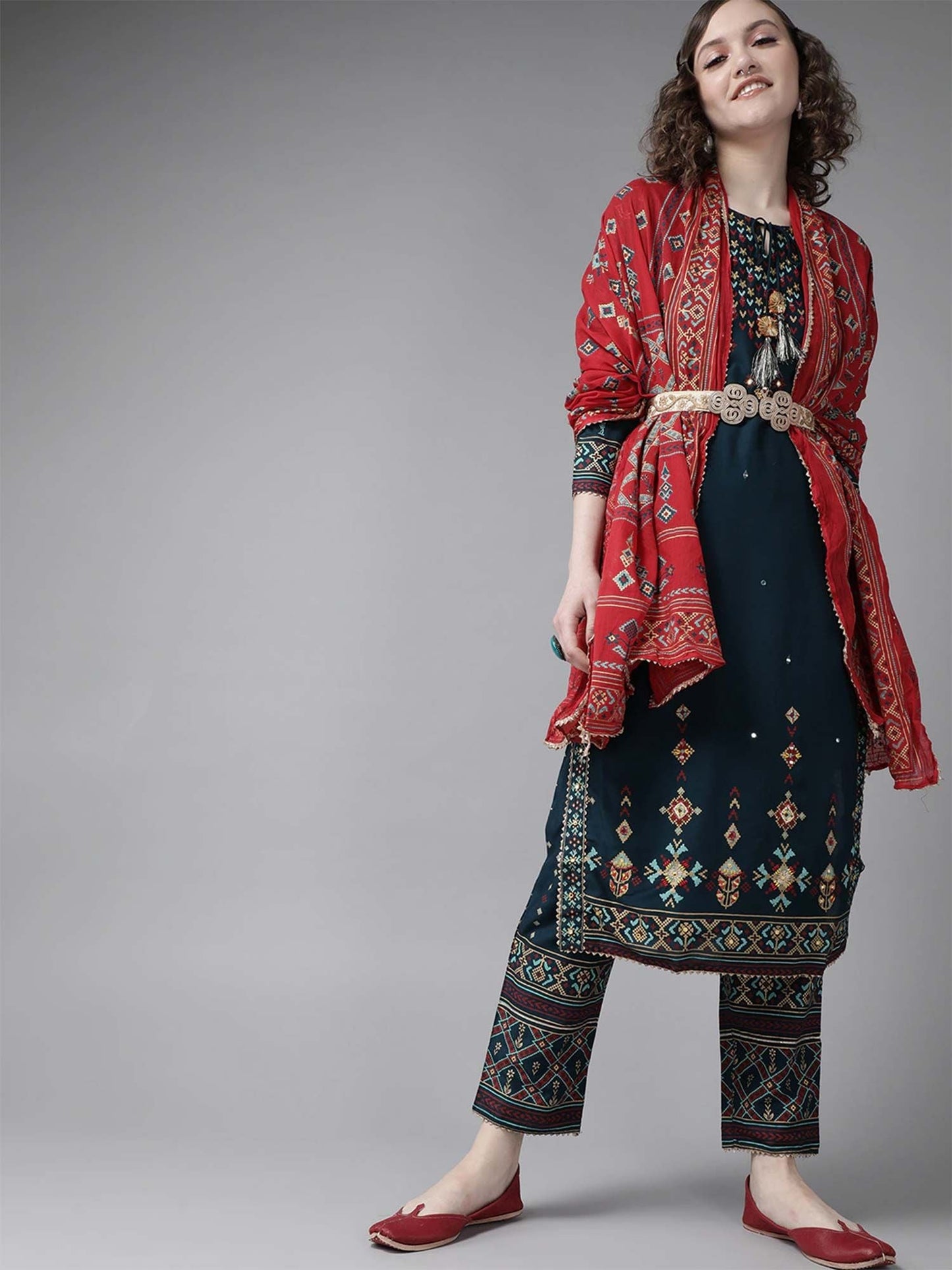 ISHIN Women Teal Printed A-Line Kurta Trouser & Dupatta (Set of 3)