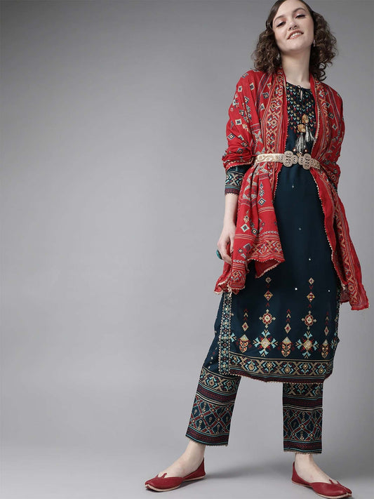 ISHIN Women Teal Printed A-Line Kurta Trouser & Dupatta (Set of 3)