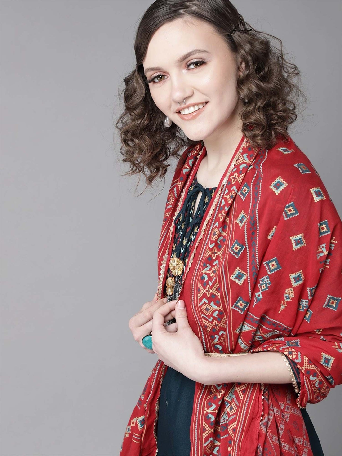 ISHIN Women Teal Printed A-Line Kurta Trouser & Dupatta (Set of 3)