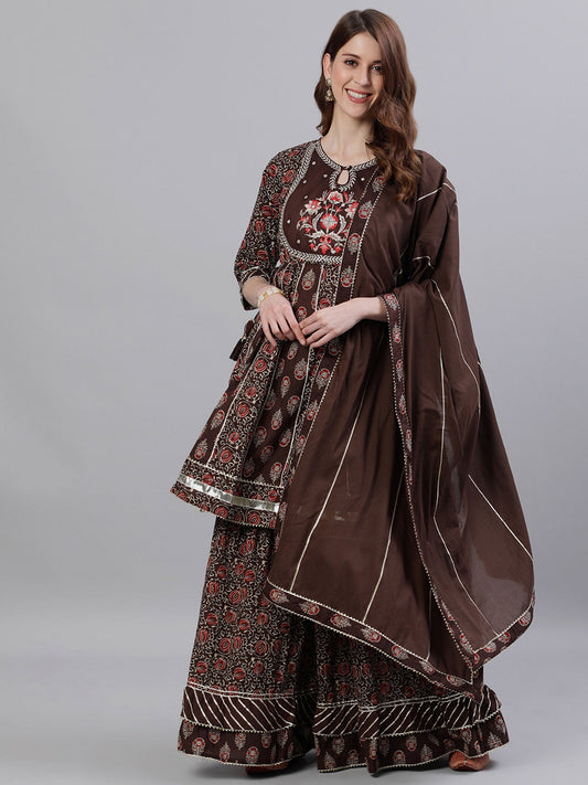 ISHIN Women Cotton Brown Zari Embroidered Peplum Kurta and Sharara with Dupatta (Set of 3)