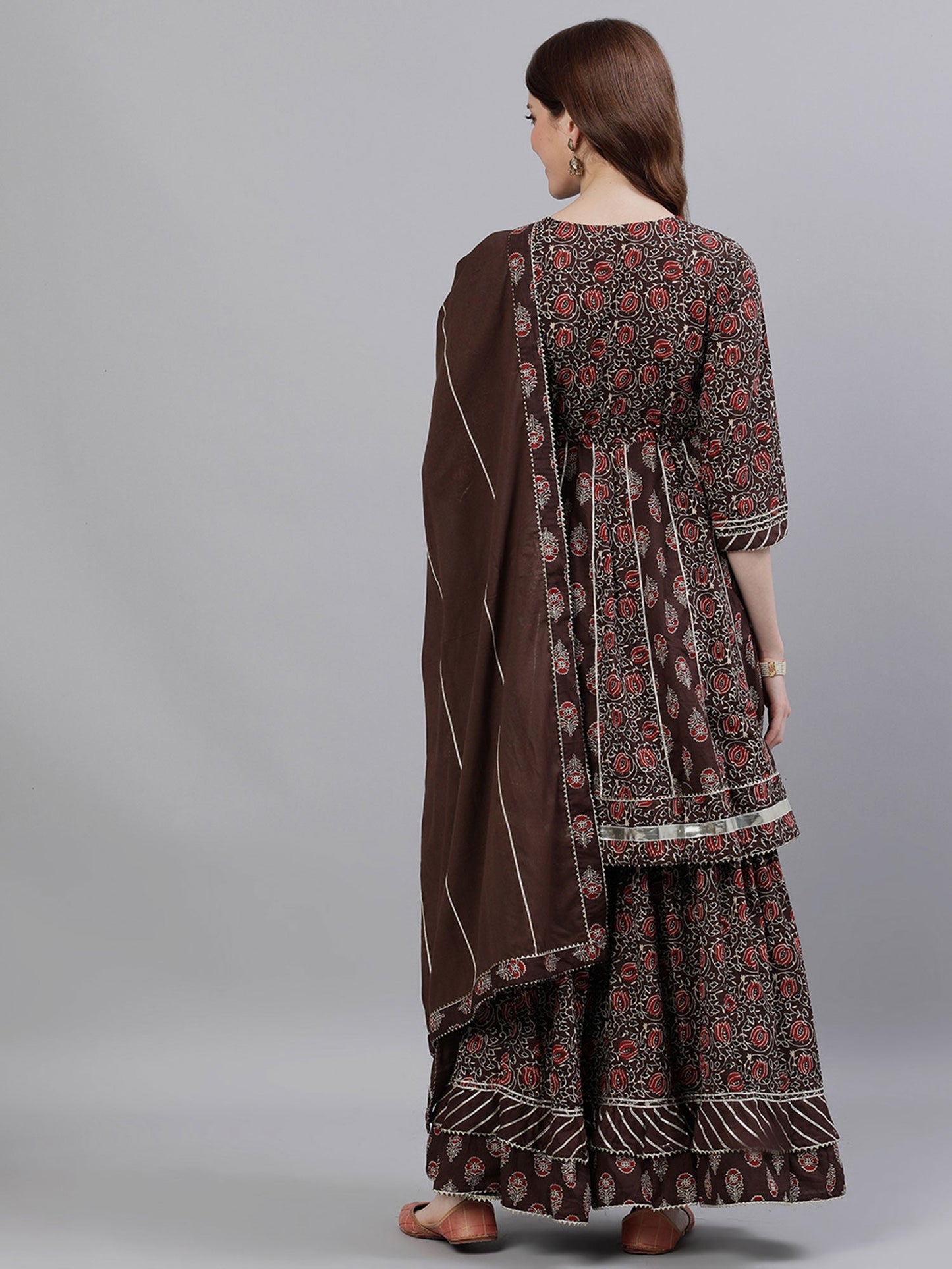 ISHIN Women Cotton Brown Zari Embroidered Peplum Kurta and Sharara with Dupatta (Set of 3)