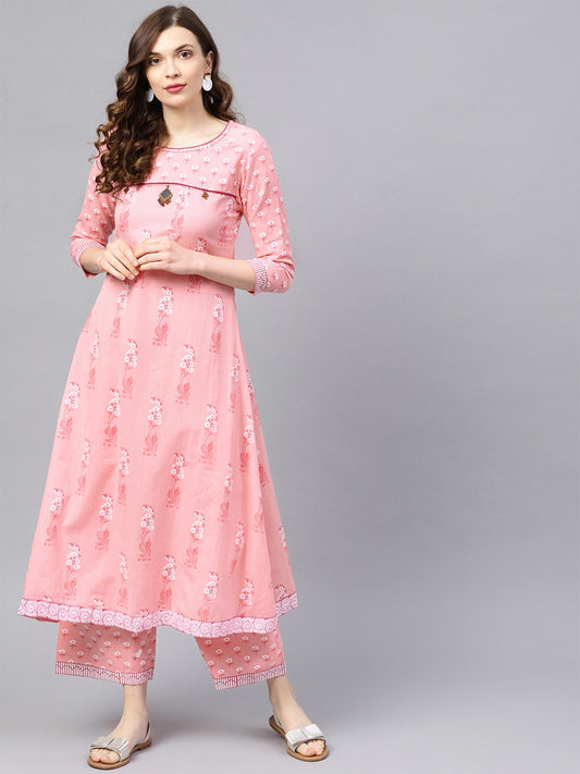ISHIN Women Cotton Pink Printed Anarkali Kurta with Palazzo (Set of 2)