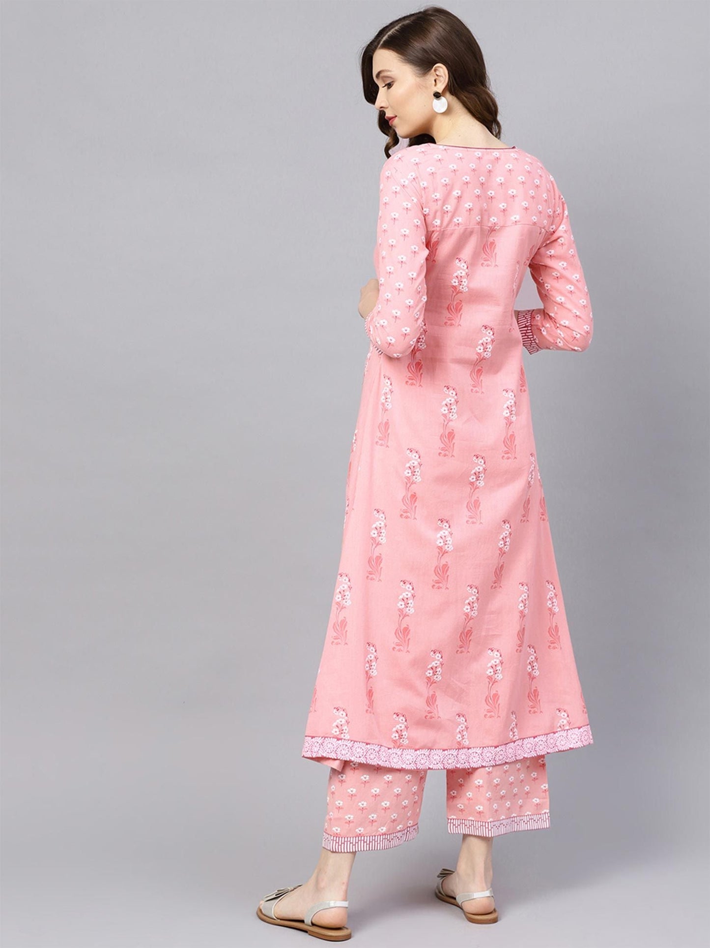 ISHIN Women Cotton Pink Printed Anarkali Kurta with Palazzo (Set of 2)