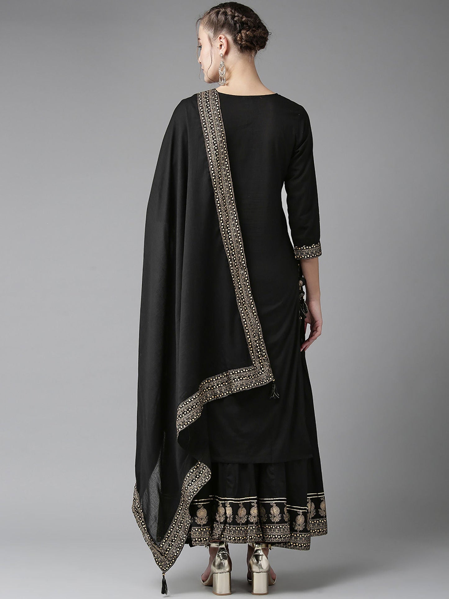 ISHIN Sequins Black Embellished A-Line Kurta With Sharara And Dupatta (Set Of 3)