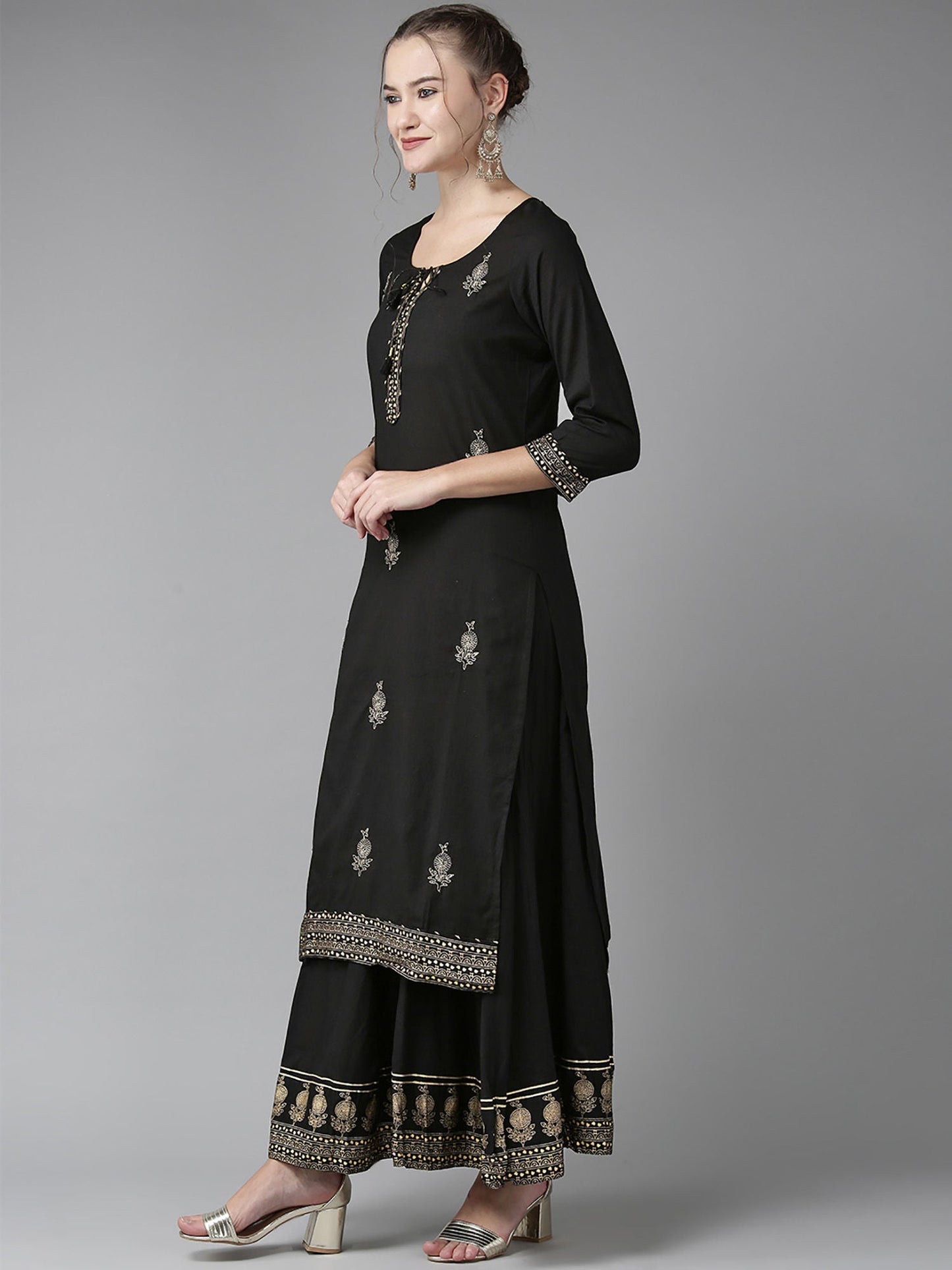 ISHIN Sequins Black Embellished A-Line Kurta With Sharara And Dupatta (Set Of 3)