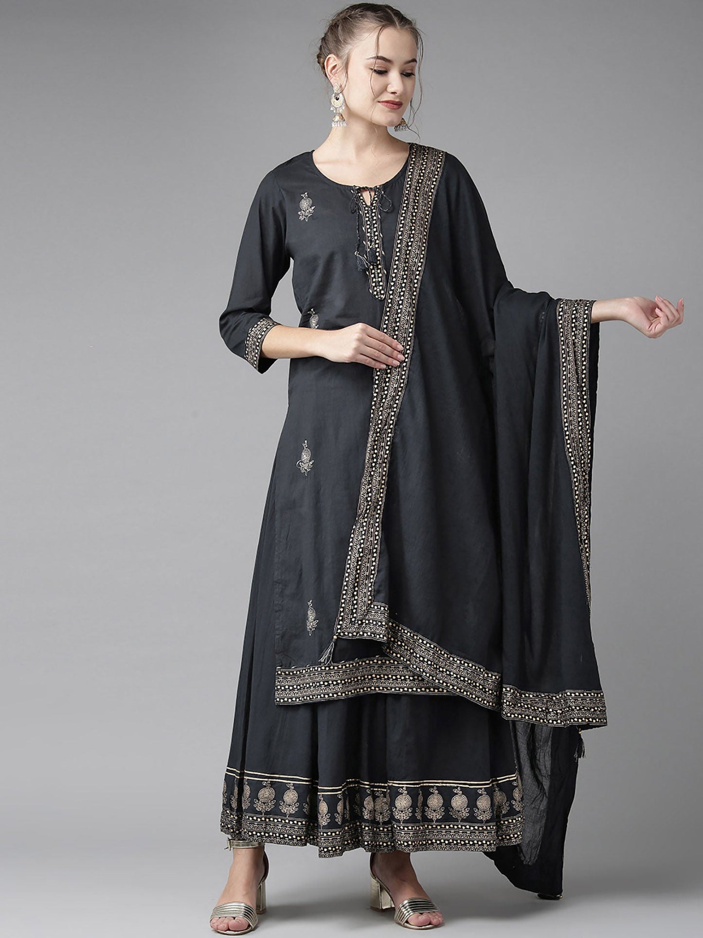 ISHIN Sequins Black Embellished A-Line Kurta With Sharara And Dupatta (Set Of 3)