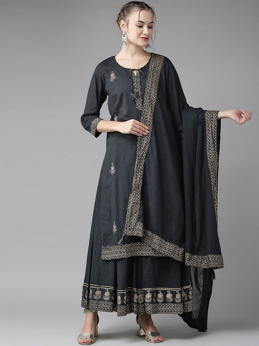 ISHIN Sequins Black Embellished A-Line Kurta With Sharara And Dupatta (Set Of 3)