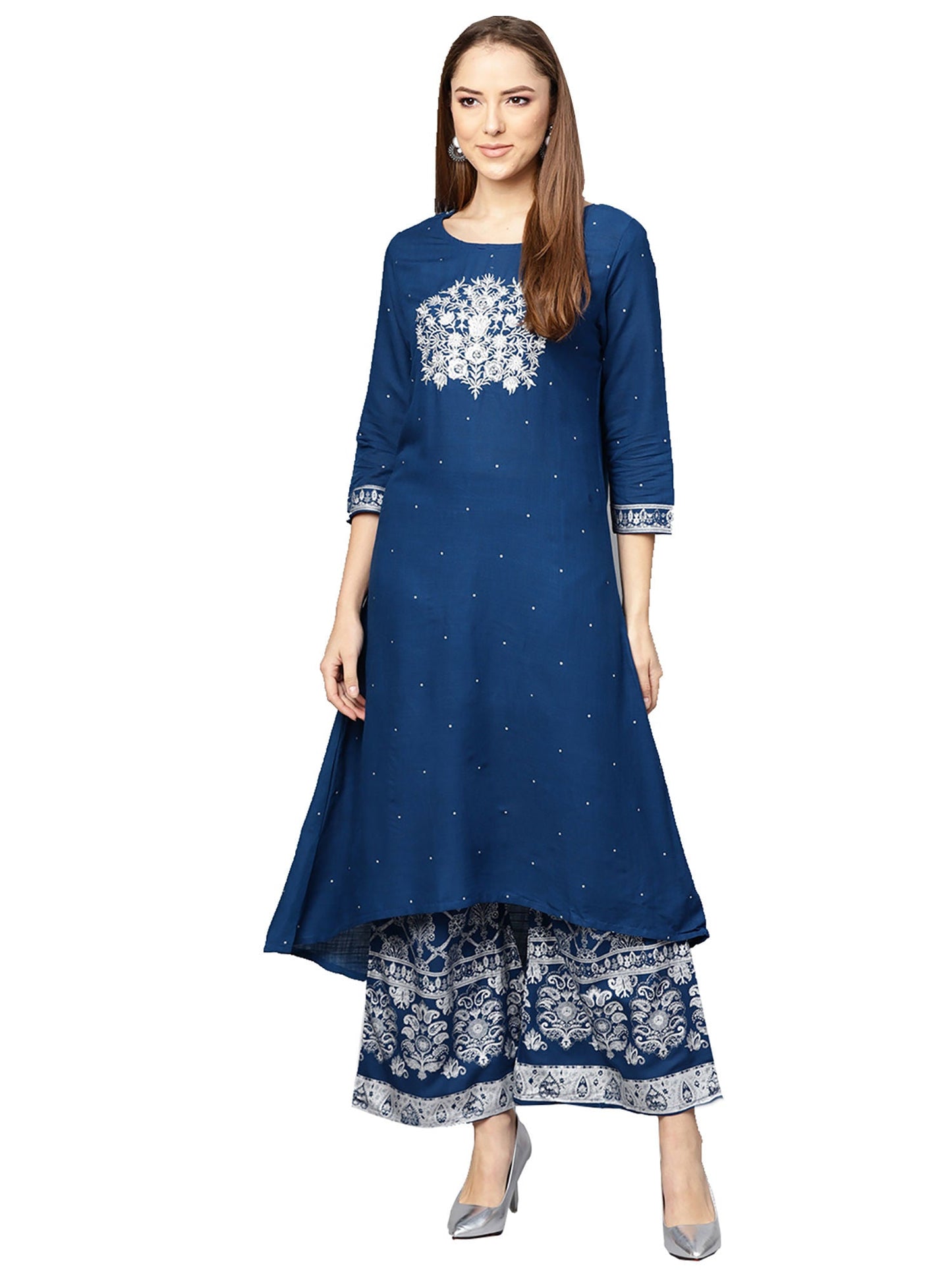 ISHIN Blue Viscose Rayon Printed Kurta Palazzo Set