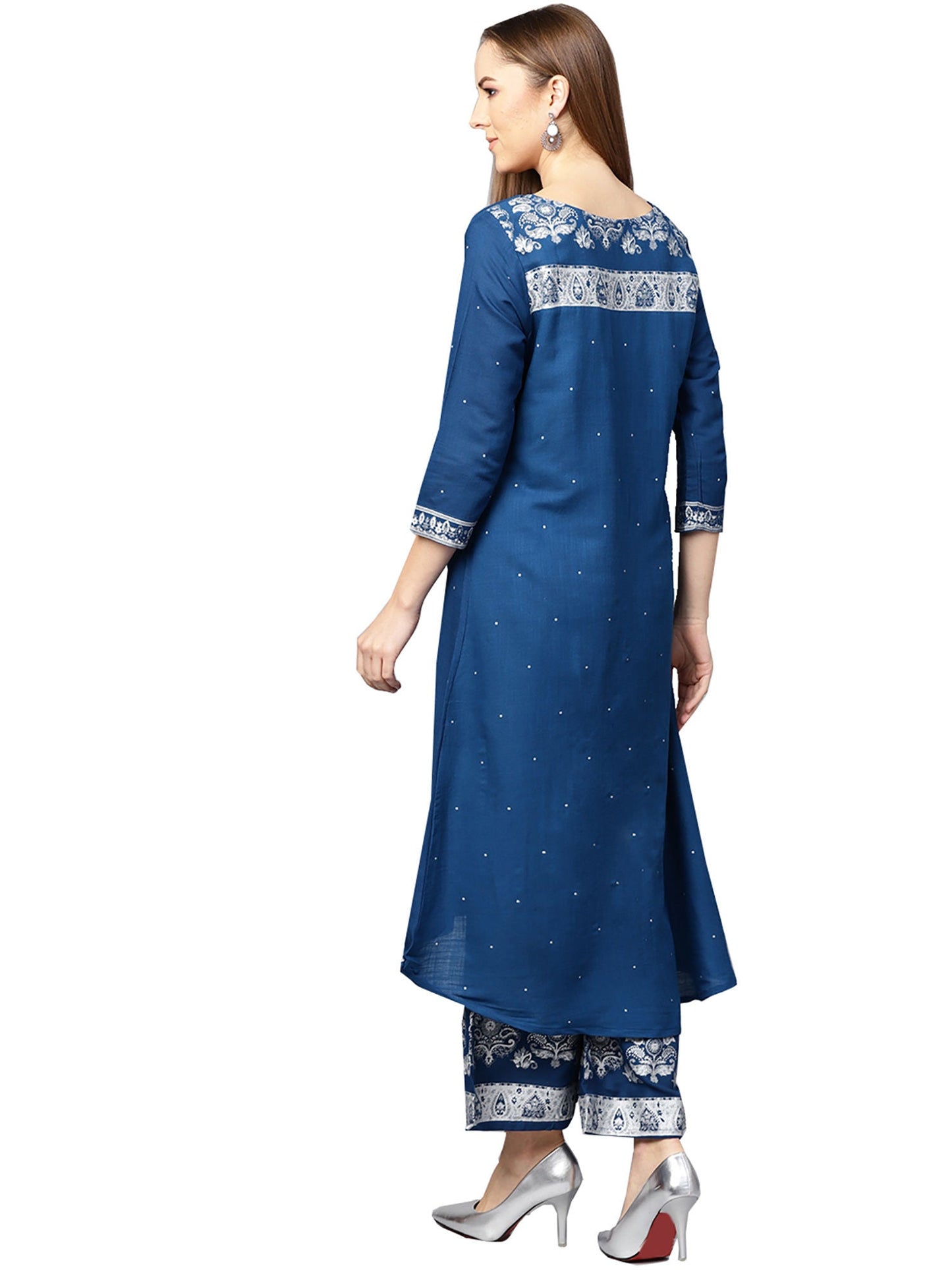 ISHIN Blue Viscose Rayon Printed Kurta Palazzo Set