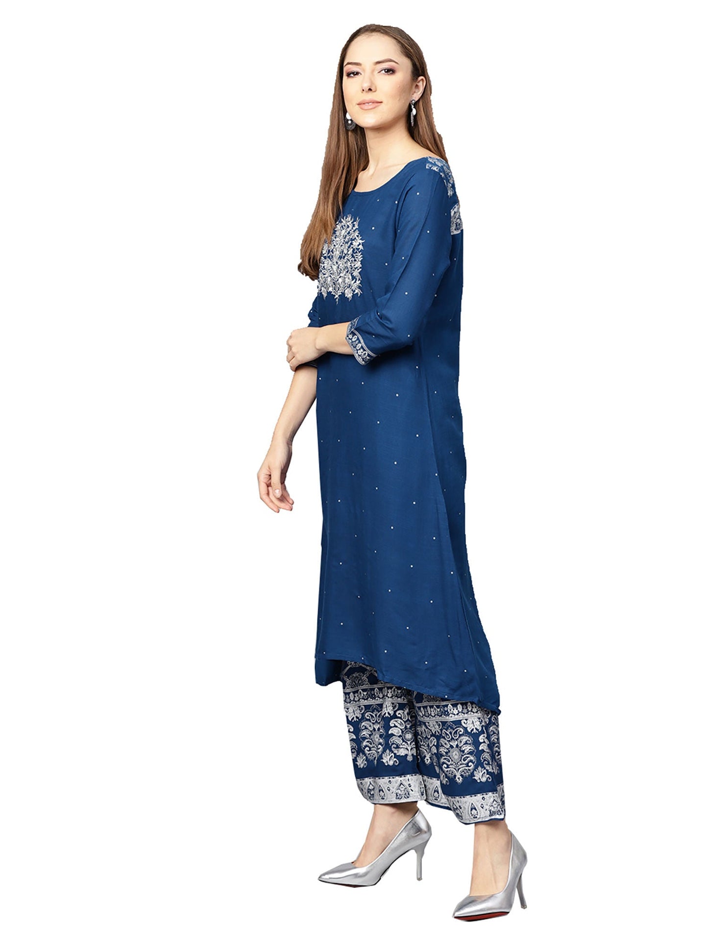 ISHIN Blue Viscose Rayon Printed Kurta Palazzo Set