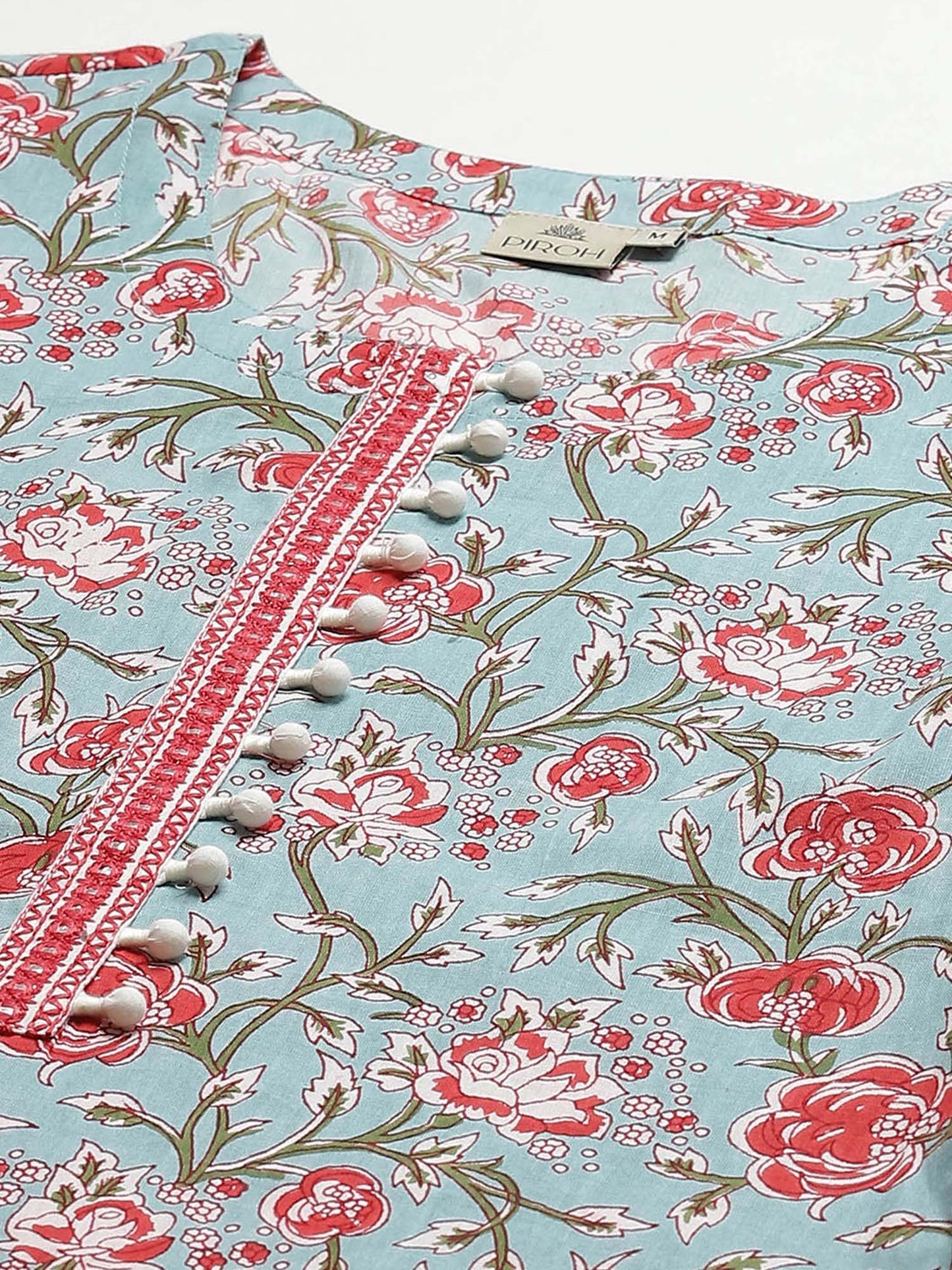 PIROH Womens Cotton Cambric Printed and Embroidered Straight Kurta Blue and Red