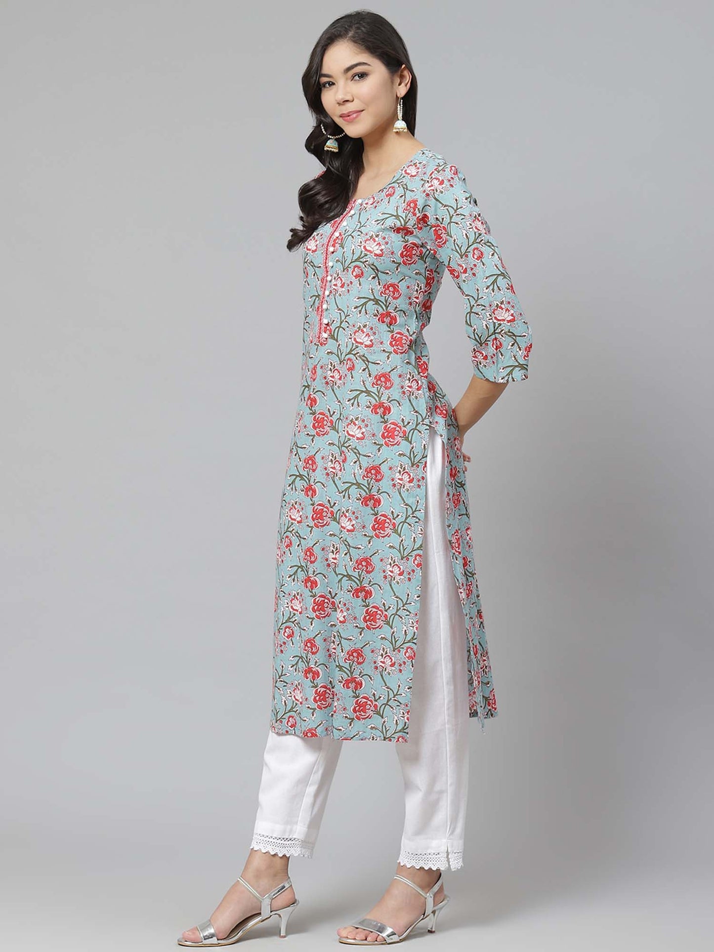 PIROH Womens Cotton Cambric Printed and Embroidered Straight Kurta Blue and Red