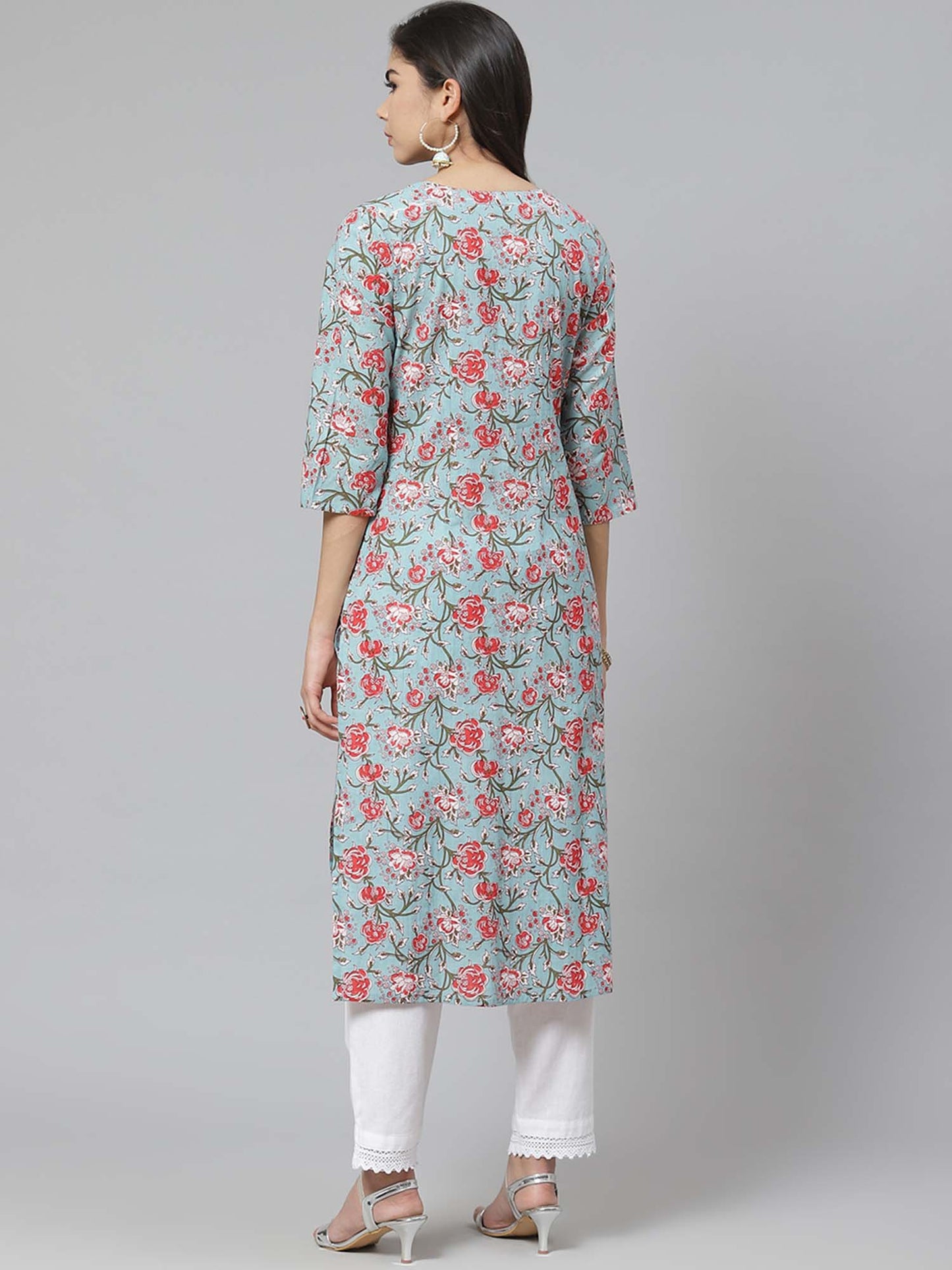 PIROH Womens Cotton Cambric Printed and Embroidered Straight Kurta Blue and Red