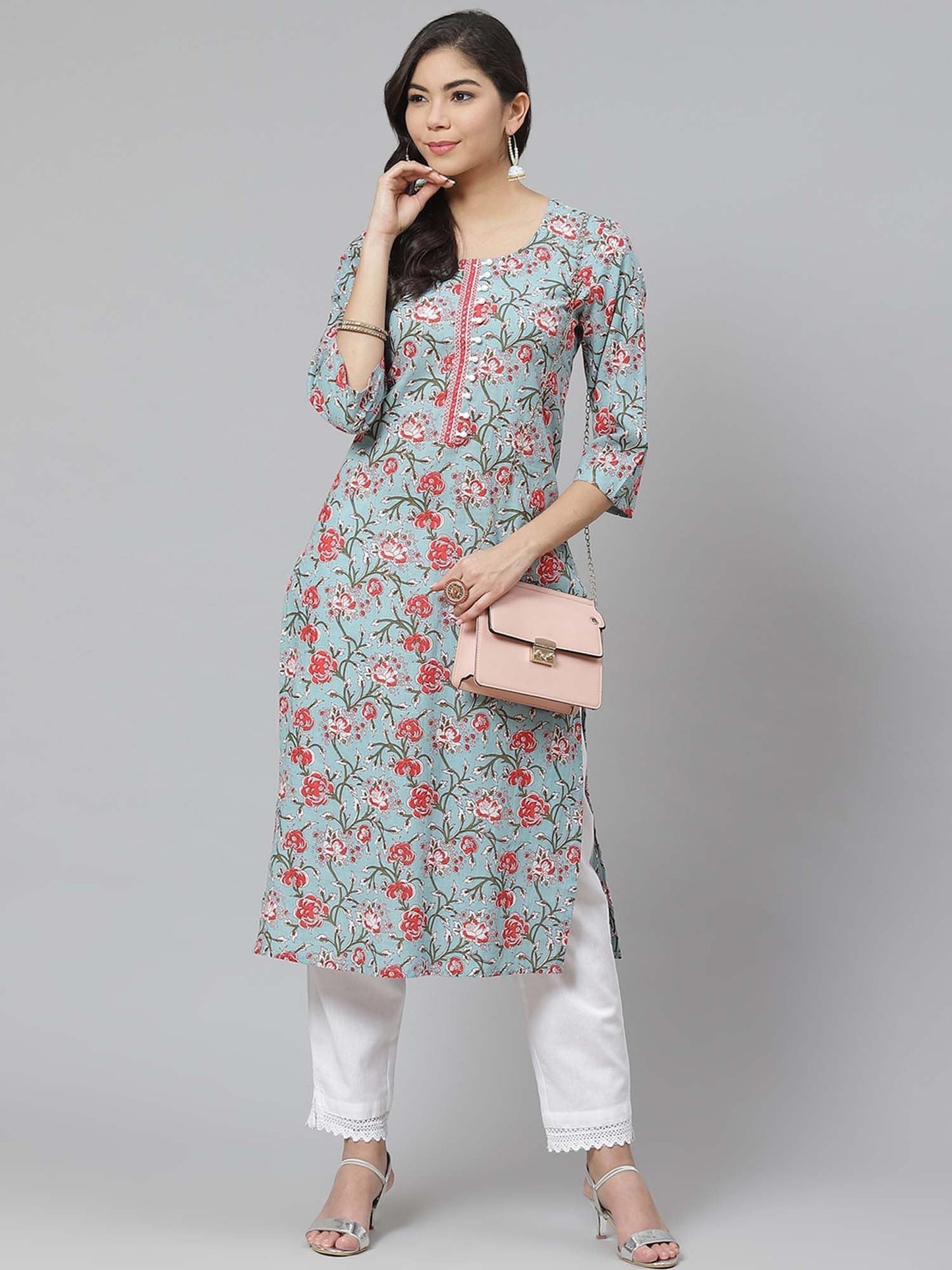 PIROH Womens Cotton Cambric Printed and Embroidered Straight Kurta Blue and Red