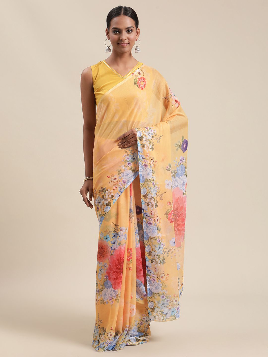 Ahalyaa Women's Mustard Colour Chiffon Digital Print Floral Saree